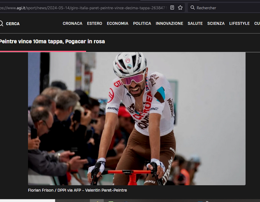 Article du Média Agi sur la victoire de Valentin Paret-Peintre de l'équipe Decathlon AG2R La Mondiale lors de du Giro 2024