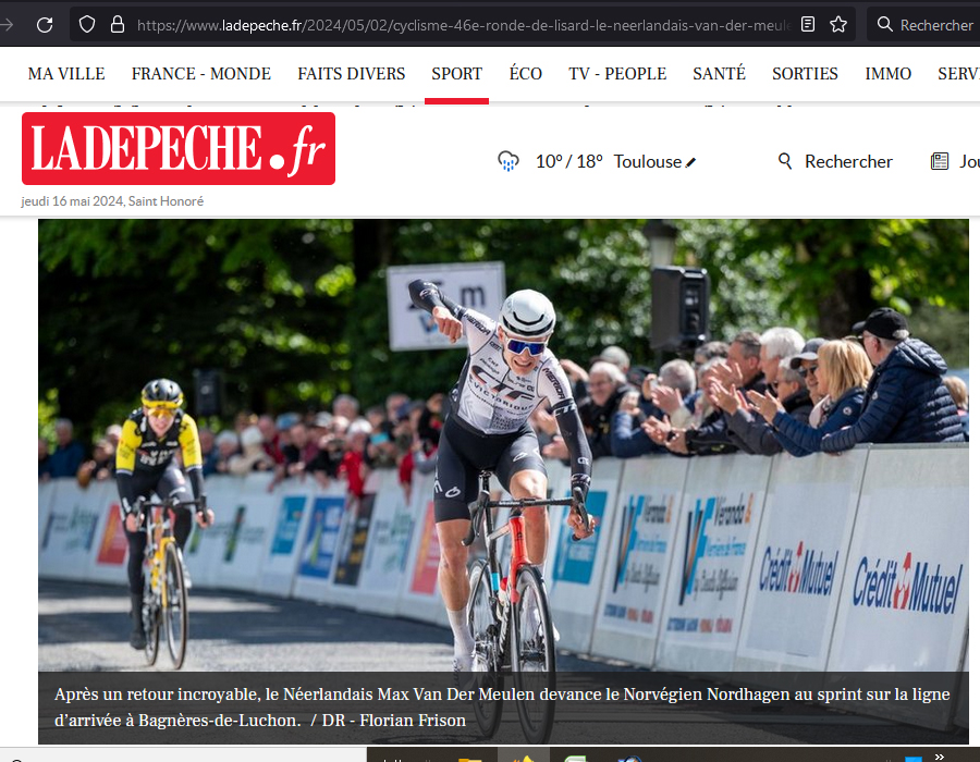 Article du média la Dépêche sur Max Van Der Meulen de l'équipe CTF Victorious lors de la Ronde de l'Isard 2024