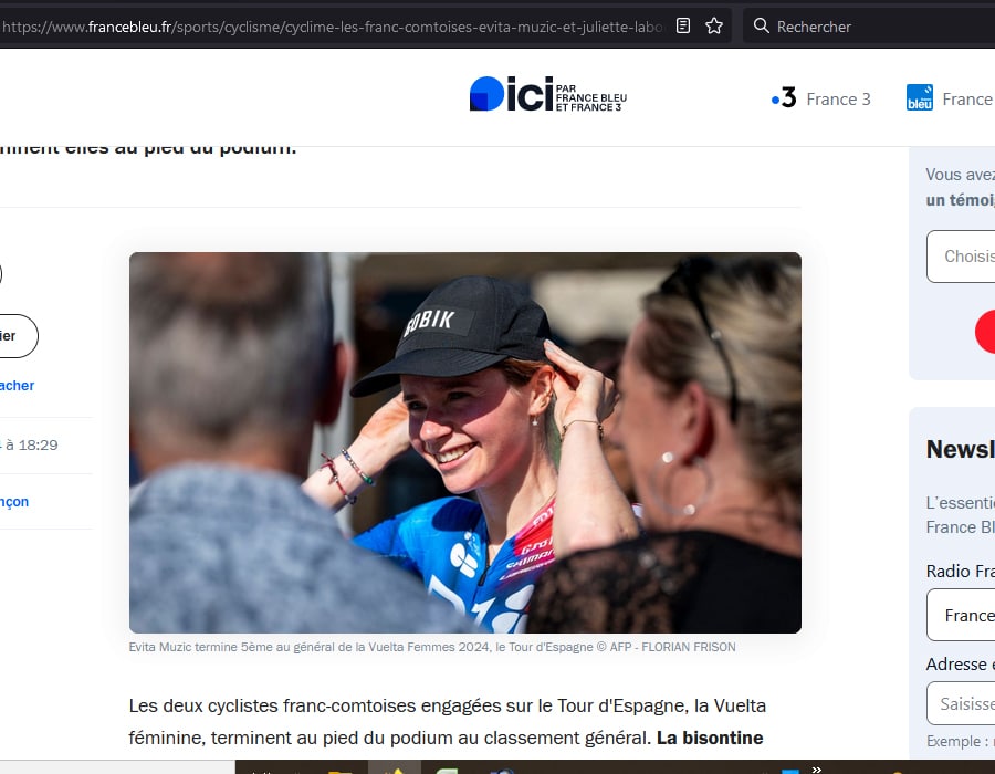 Article du média FranceBleu sur la victoire de la française Evita Muzic lors de la Vuelta 2024