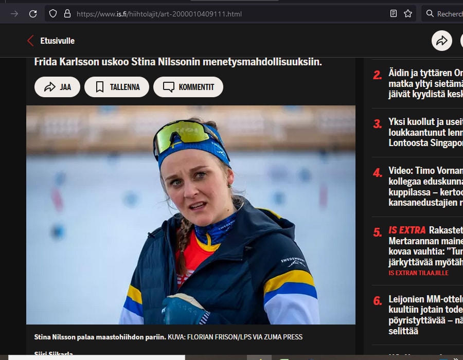 Article du média IS.FI sur la biathlète suèdoise Stina Nilssonin