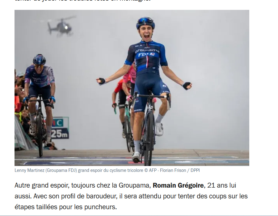 Article de FranceBleu sur les favoris du Tour de France 2024 dont le français Lenny Martinez en photo.