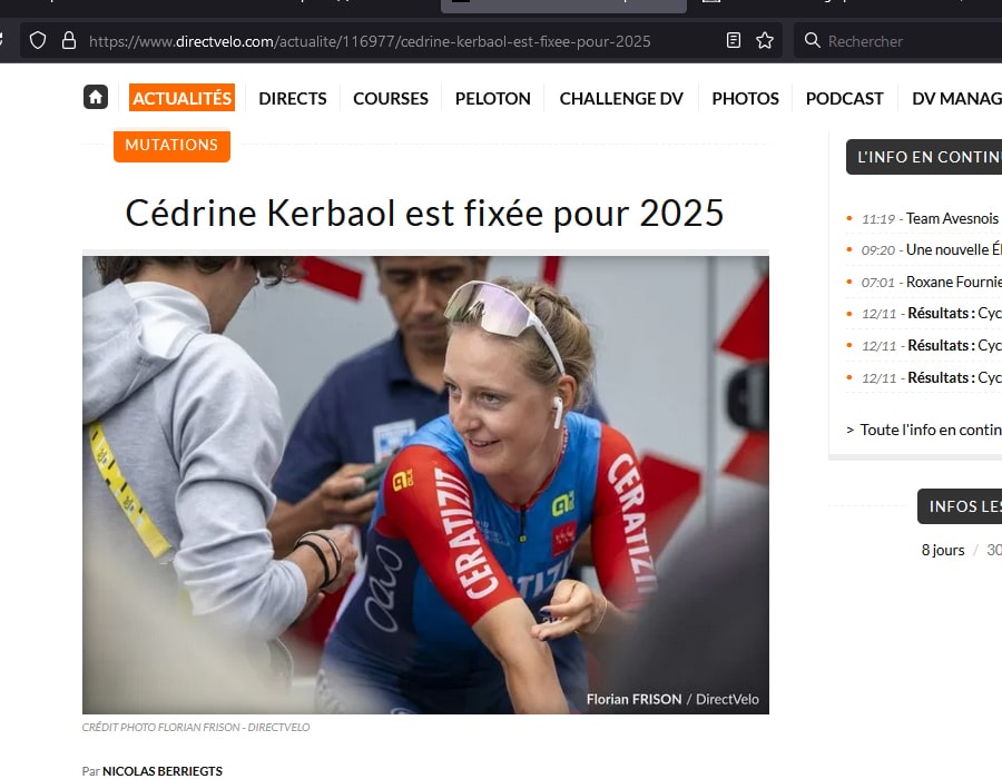 Article du média français DirectVelo sur la française Cedrine KERBAOL